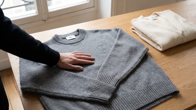 Hand inspecting the fabric of a grey Ami Paris de Coeur wool sweater on a wooden table