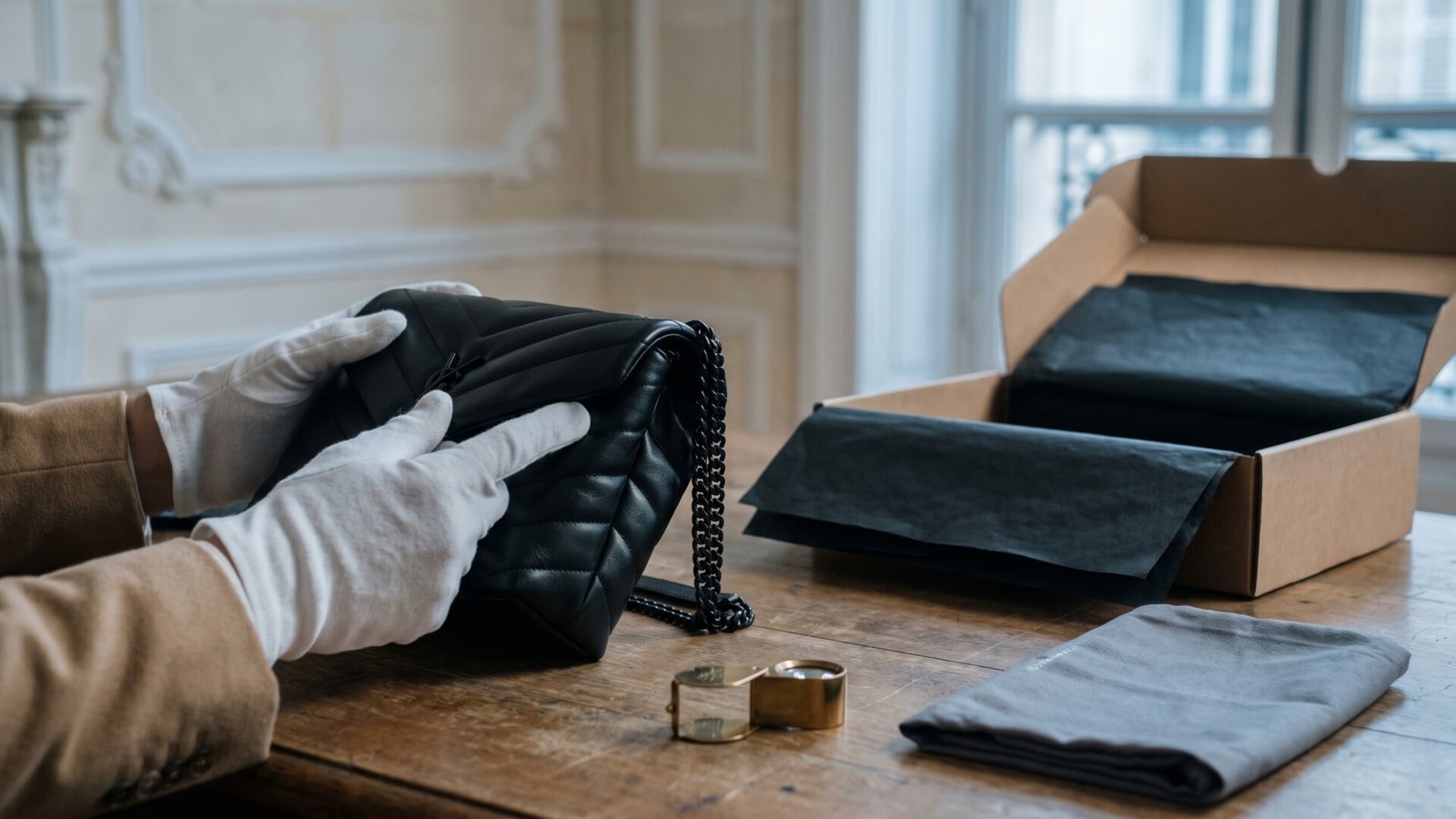Gloved hands inspecting a black quilted Saint Laurent leather handbag next to an unboxing parcel and loupe