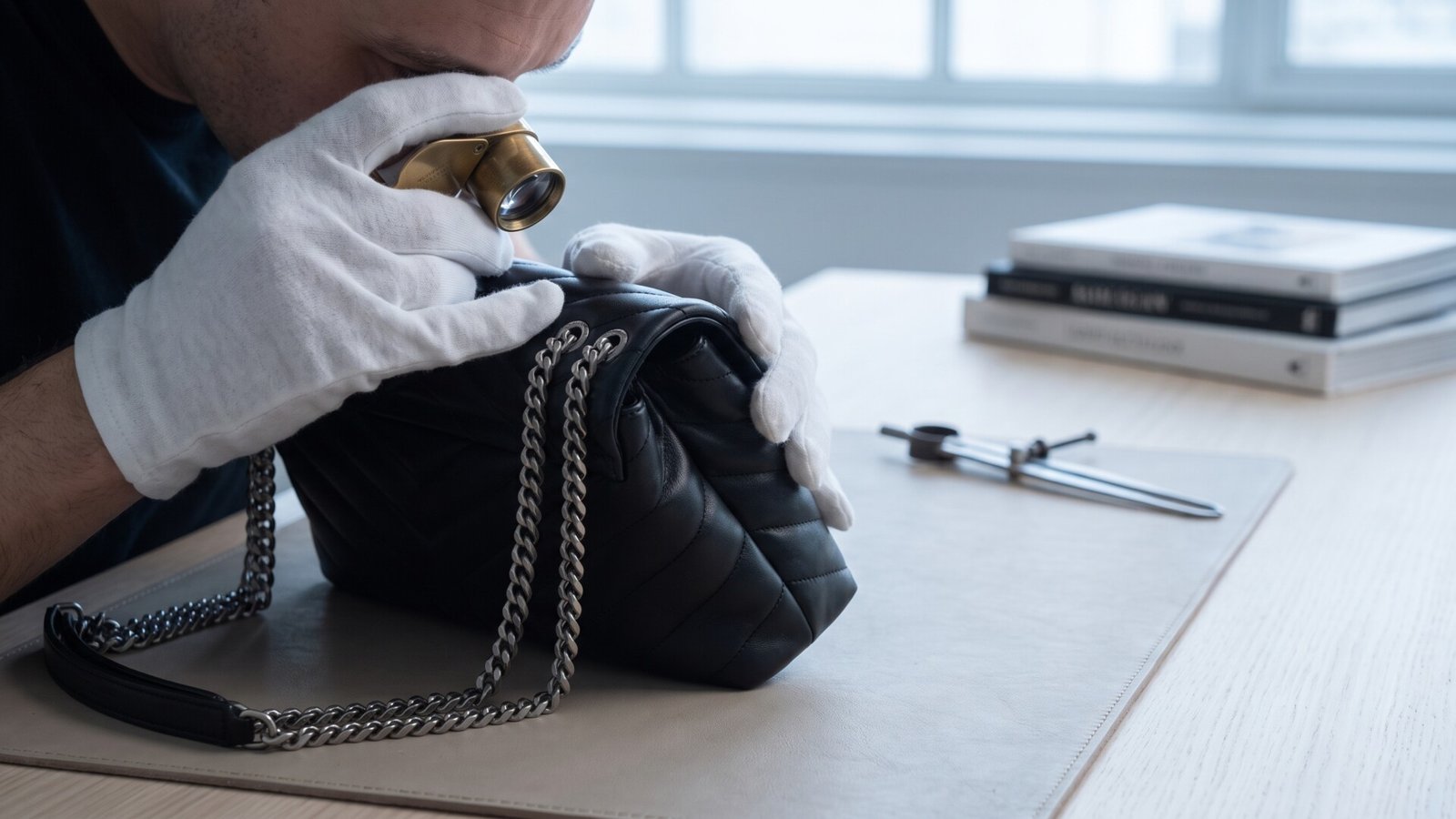 Authenticator using a loupe to inspect the stitching on a black leather Saint Laurent handbag