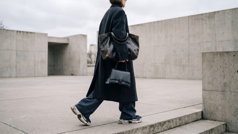 Person in an oversized dark coat carrying luxury designer bags and wearing chunky platform sneakers outdoors