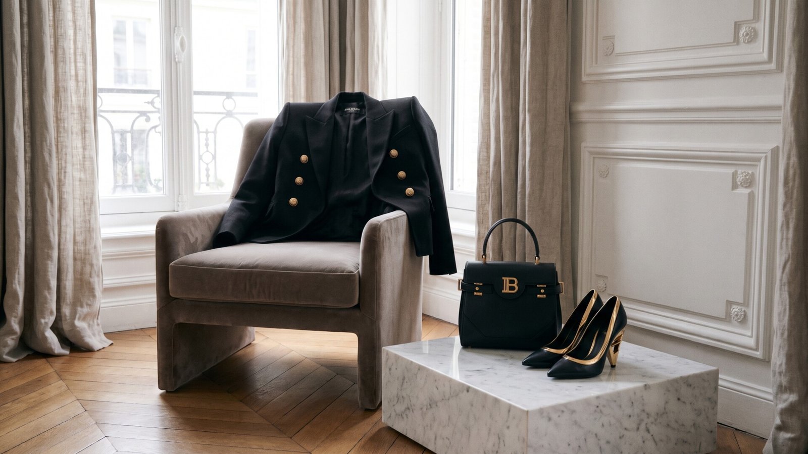 Balmain double-breasted blazer draped on an armchair beside a structured B-Buzz handbag and gold-accented heels
