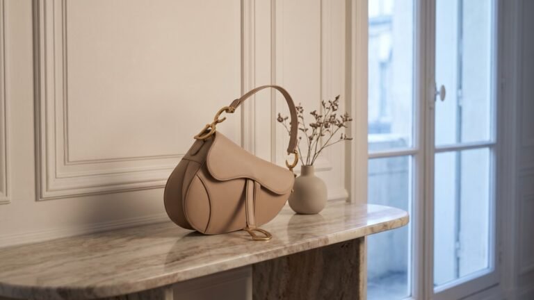 Beige leather Dior Saddle bag displayed on a marble mantelpiece next to a vase of dried flowers