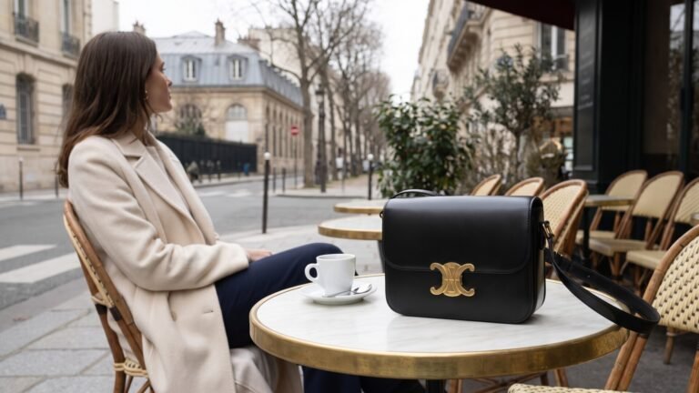 Black Celine Triomphe handbag on a marble bistro table beside an espresso cup at an outdoor Parisian cafe