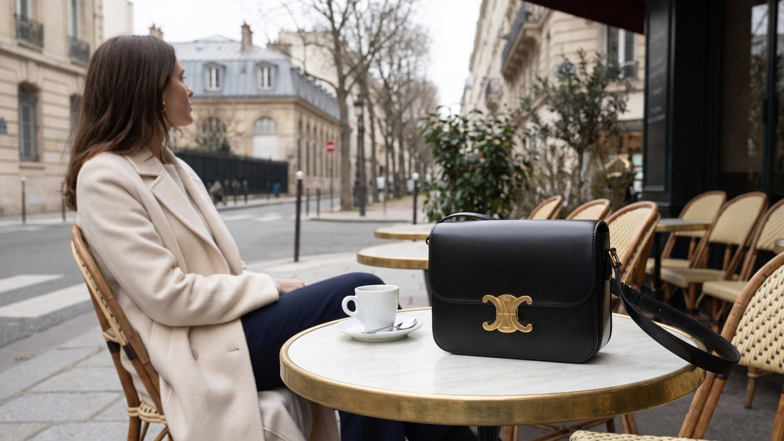 Black Celine Triomphe handbag on a marble bistro table beside an espresso cup at an outdoor Parisian cafe