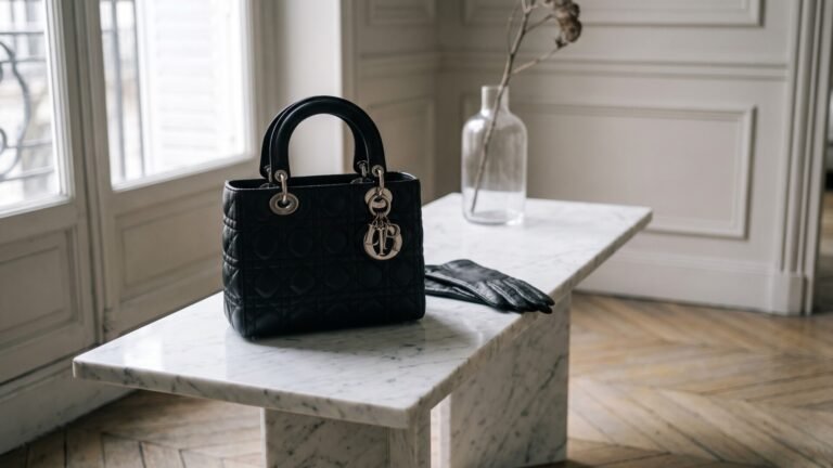 Classic black quilted Lady Dior handbag displayed on a white marble table in a bright Parisian interior
