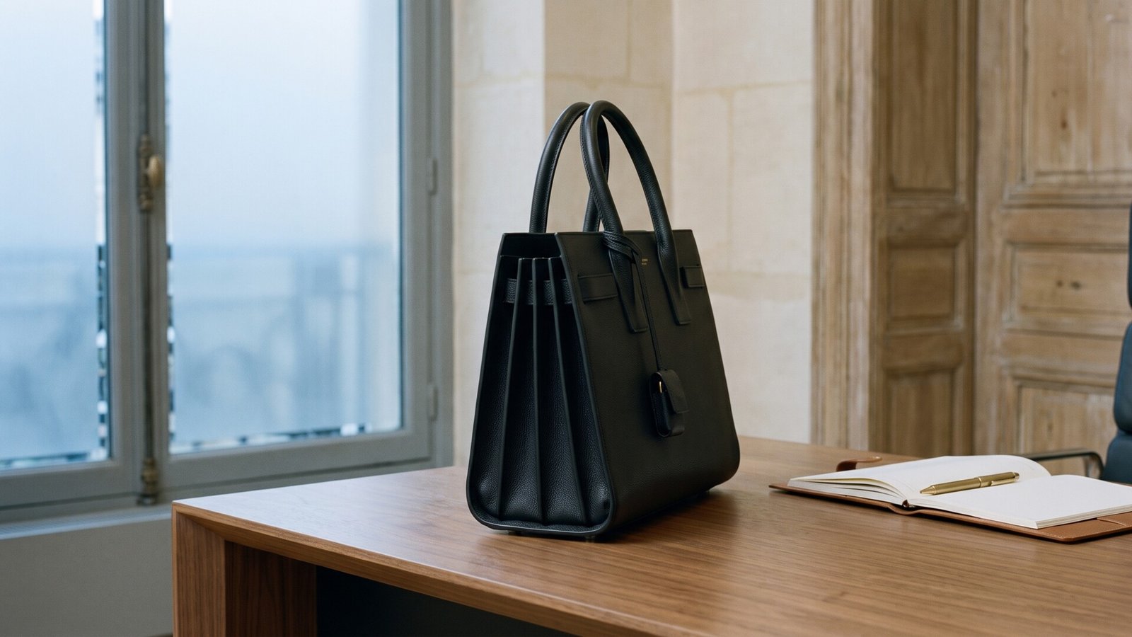 Black pebbled leather Saint Laurent Sac de Jour handbag on a wooden desk in an office setting