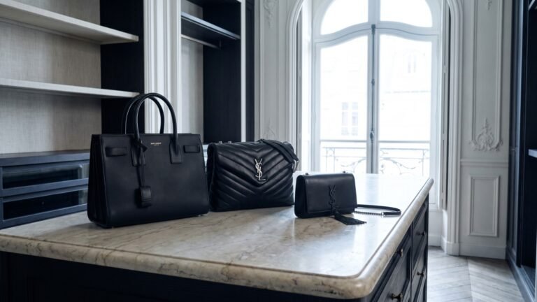 Three classic black Saint Laurent leather handbags displayed on a marble island in a luxury dressing room