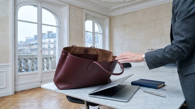 Burgundy leather tote bag beside a laptop and notebook on a marble desk in an elegant Parisian office