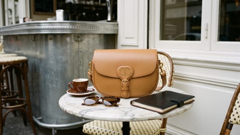 Tan calfskin Dior Bobby bag on a marble bistro table beside sunglasses, an espresso, and a notebook