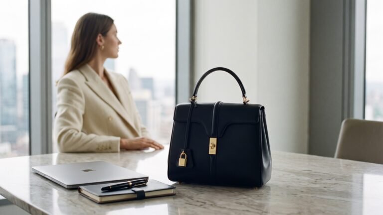 Black Celine 16 handbag on a marble office desk beside a laptop, with a businesswoman looking out a high-rise window