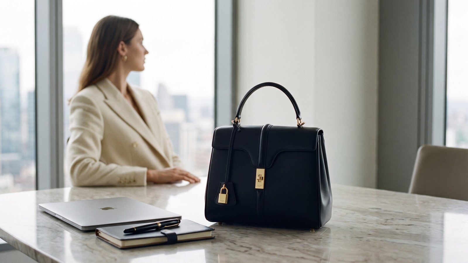 Black Celine 16 handbag on a marble office desk beside a laptop, with a businesswoman looking out a high-rise window