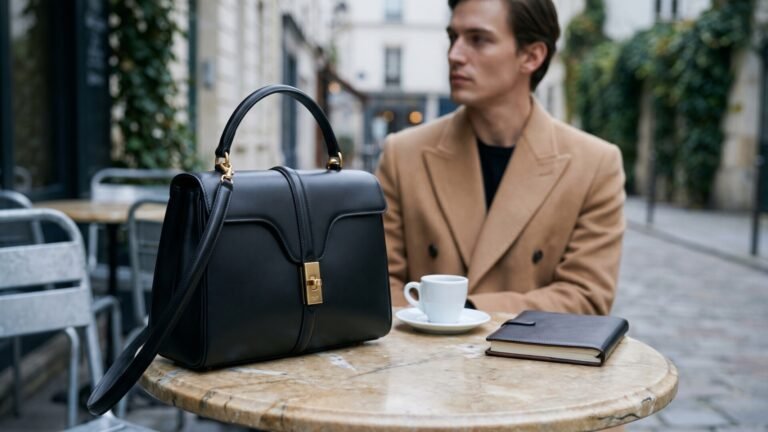 Black Celine 16 leather handbag resting on an outdoor marble bistro table next to an espresso cup and leather notebook