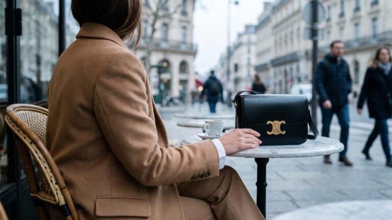 Woman in a camel blazer seated at a Parisian cafe terrace beside a black leather Celine Triomphe bag