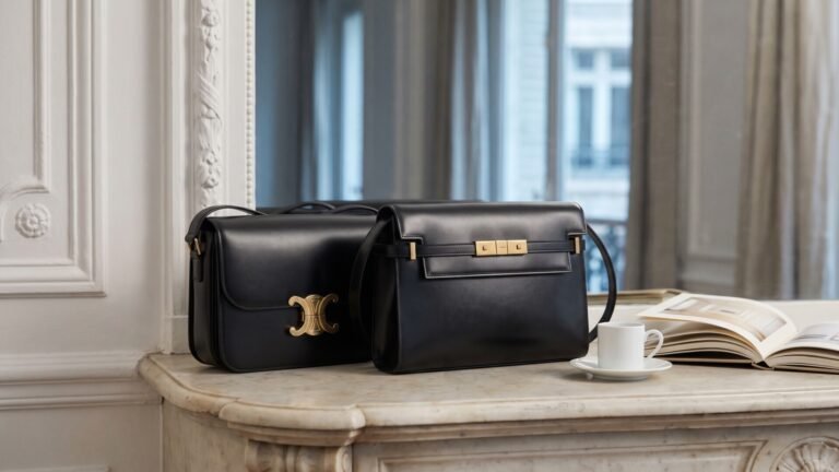 Black Celine Triomphe and Saint Laurent Manhattan leather bags displayed side-by-side on a marble mantelpiece