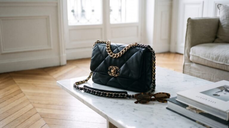 Black quilted Chanel 19 bag with mixed-metal chain strap resting on a marble table in a Parisian apartment