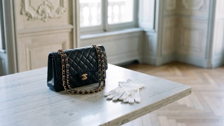 Black quilted Chanel Classic Flap bag beside white cotton gloves on a marble table