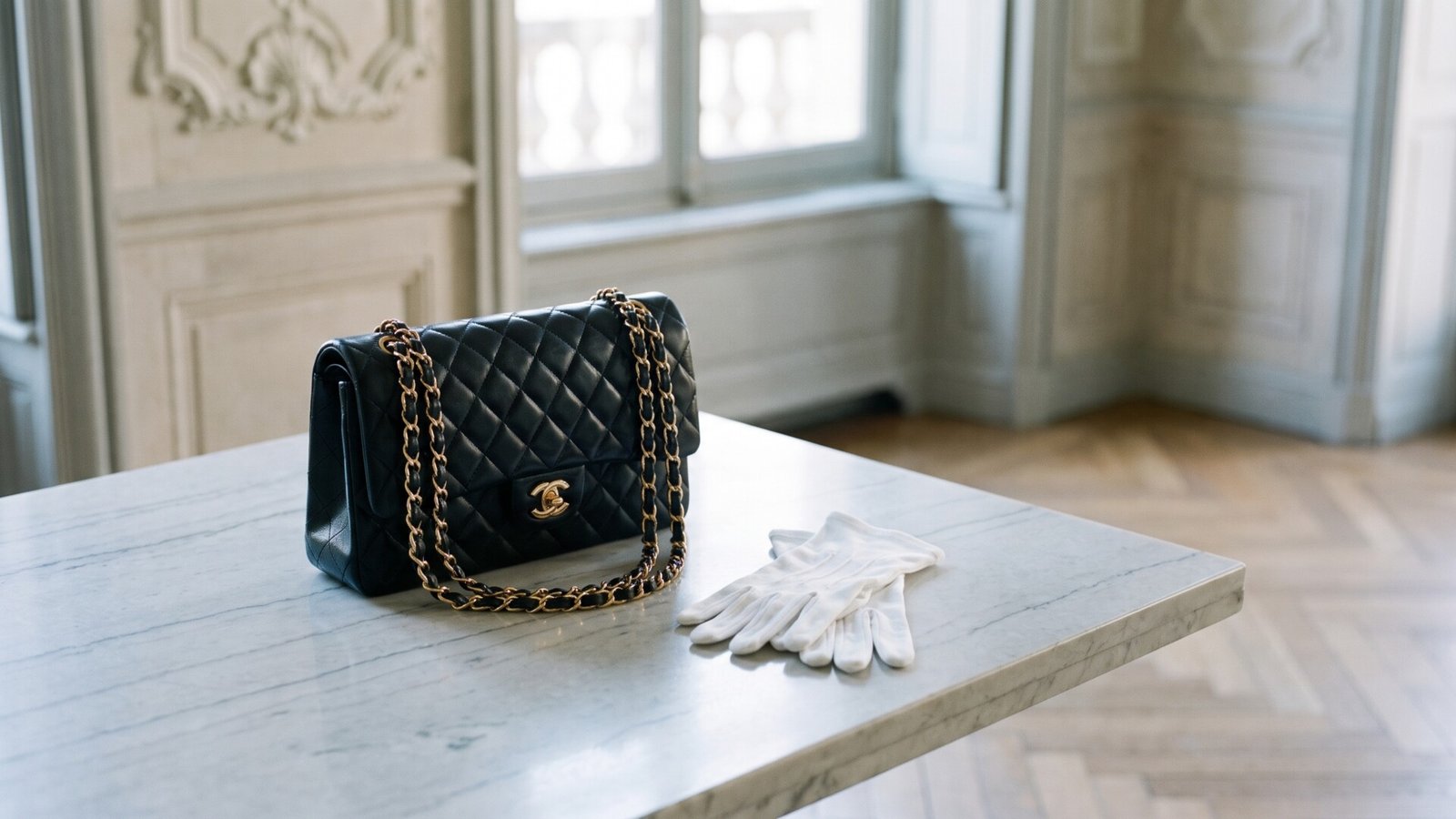 Black quilted Chanel Classic Flap bag beside white cotton gloves on a marble table