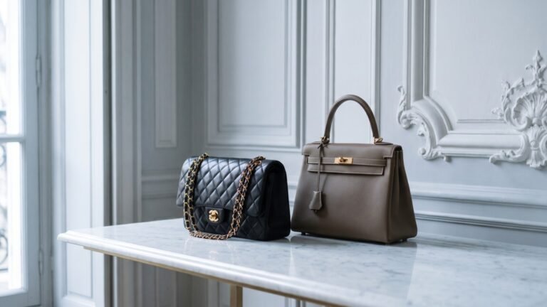 Black Chanel quilted flap bag and taupe Hermès Kelly bag displayed on a marble console table
