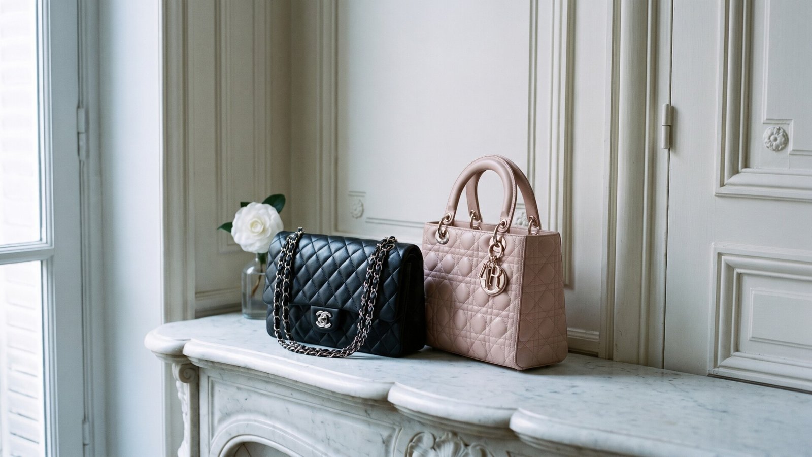 Black Chanel Classic Flap and blush Lady Dior handbags resting together on a white marble mantelpiece