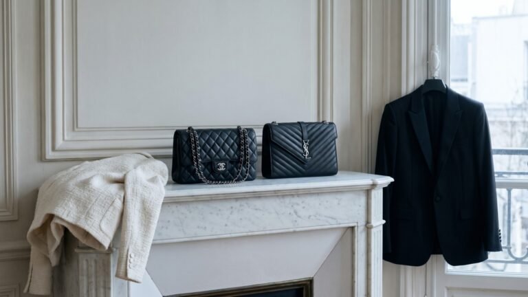 Black Chanel flap bag and Saint Laurent envelope bag displayed on a marble mantel beside tailored jackets