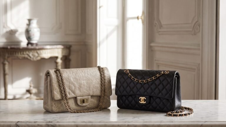 Chanel 2.55 Reissue in beige aged calfskin beside a black quilted Chanel Classic Flap bag on a marble surface