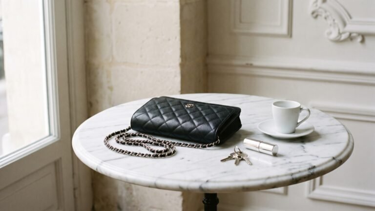 Black quilted Chanel Wallet on Chain on a marble bistro table beside an espresso cup and keys