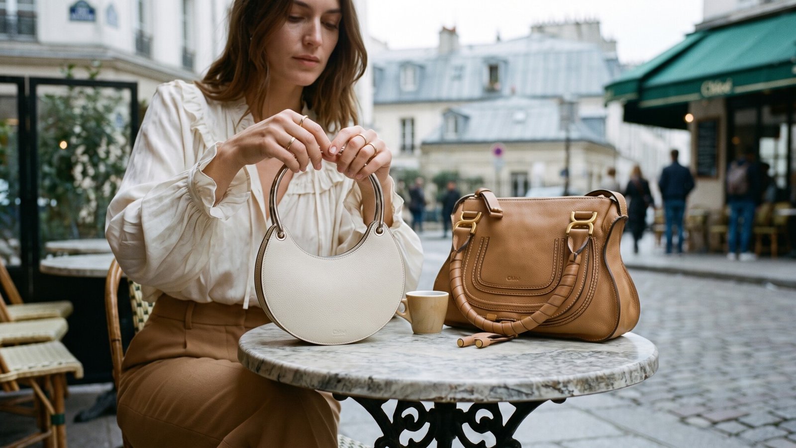 Woman at a Parisian cafe terrace with a cream crescent Chloé bag and tan Marcie handbag on the table