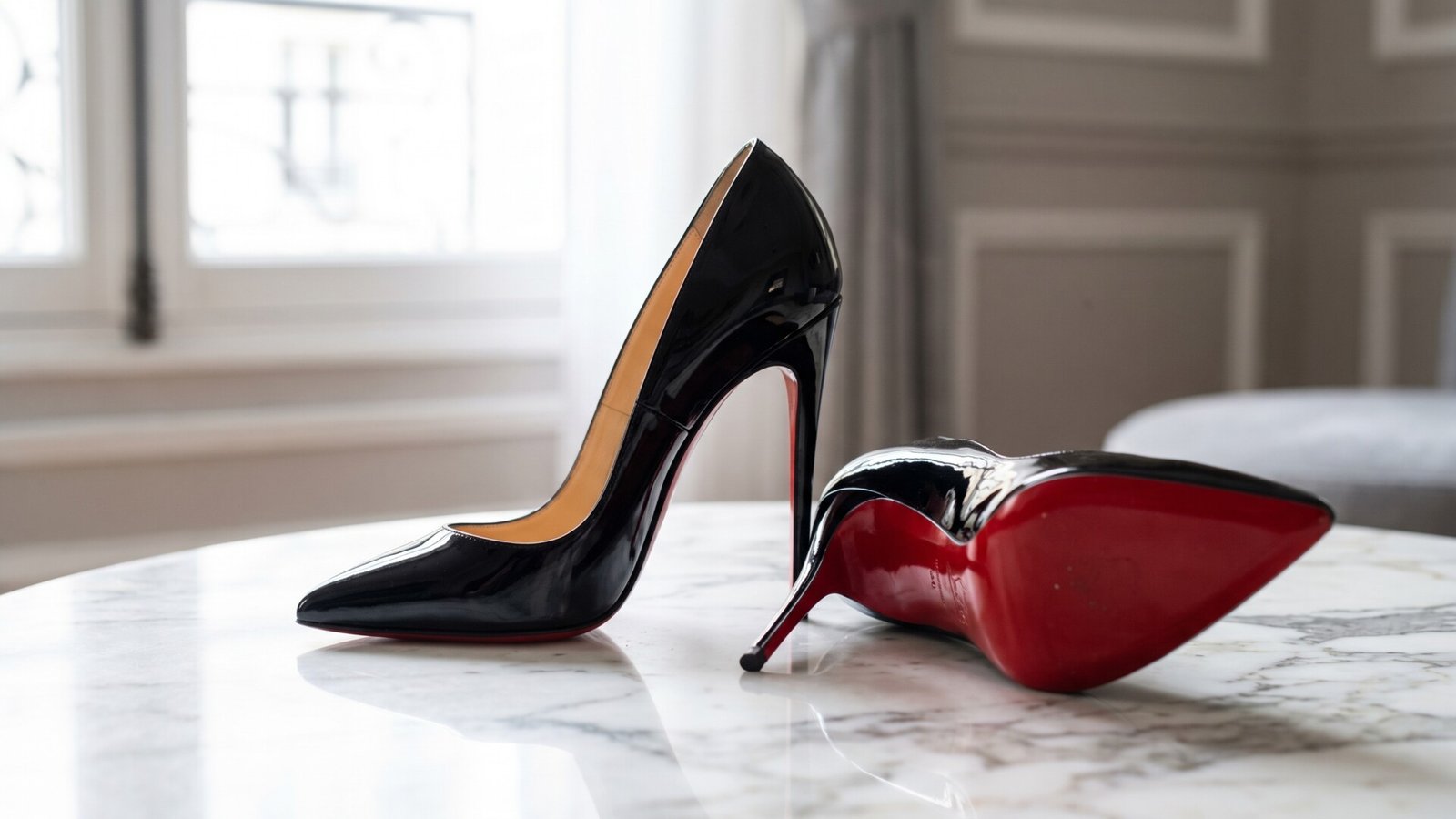 Christian Louboutin black patent leather stiletto heels on a marble table highlighting the red lacquered sole