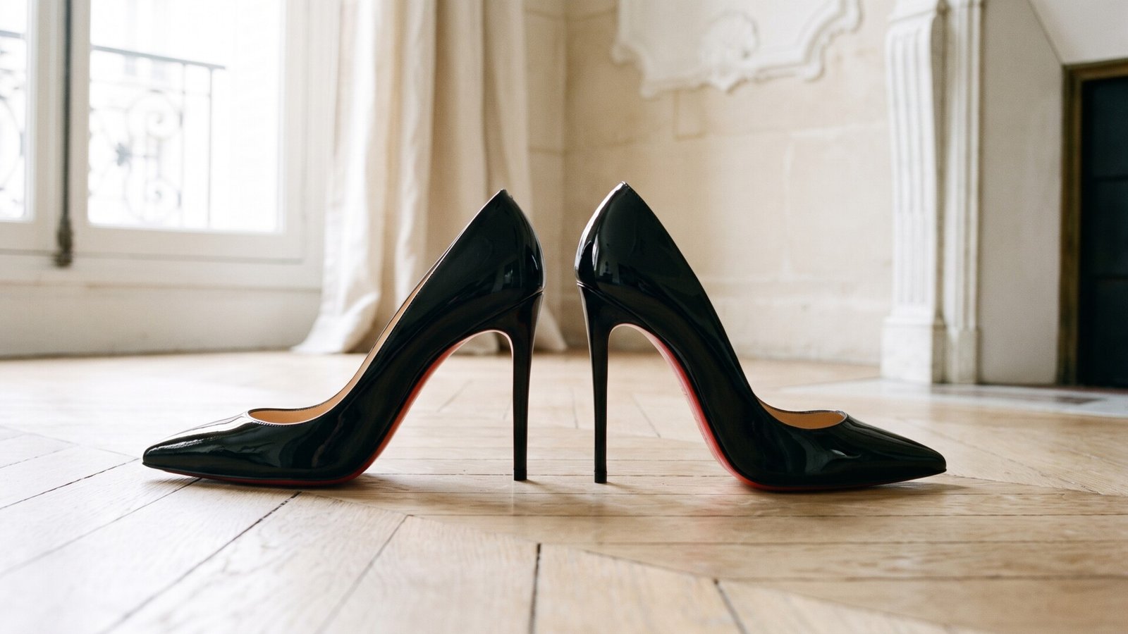 Side-by-side profile of black patent Christian Louboutin Kate and So Kate pumps showing heel arches and red soles