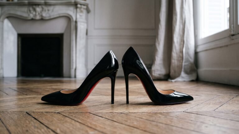 Black patent leather Christian Louboutin Kate and So Kate stiletto pumps displayed on a parquet floor