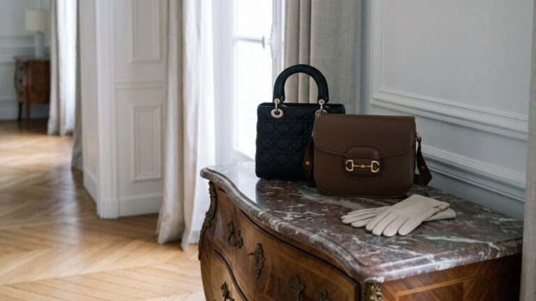 Black Lady Dior bag and brown Gucci Horsebit handbag displayed on a marble-topped commode