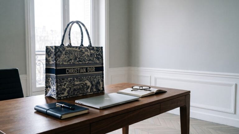 Blue and white Dior Book Tote on an office desk beside a laptop, notebook, and glasses