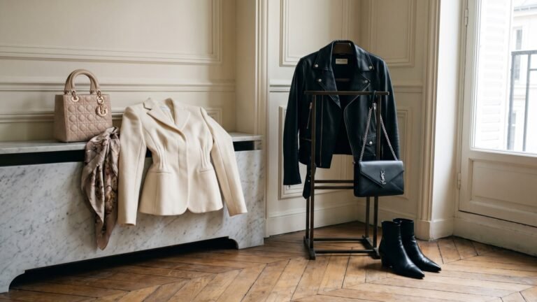 Cream Bar jacket and Lady Dior bag beside a black leather biker jacket, YSL bag, and boots in a Parisian room