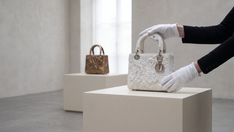 Gloved hands handling a sculpted white Lady Dior handbag displayed on a plinth in an art gallery salon