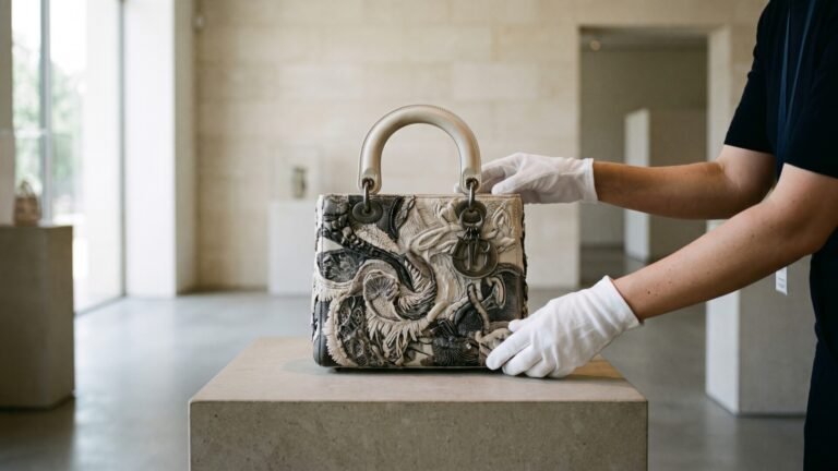 White-gloved hands holding an intricately textured, embroidered Lady Dior art handbag on a gallery plinth
