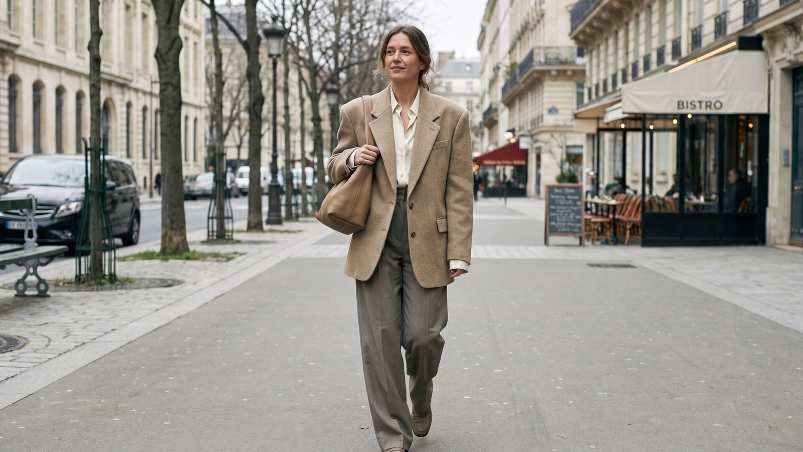 Woman walking down a Paris street wearing an oversized tan Frankie Shop GEL blazer and wide-leg trousers