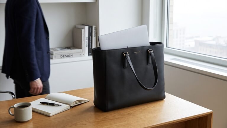 Black leather designer tote holding a laptop on an office desk next to an open notebook and coffee mug