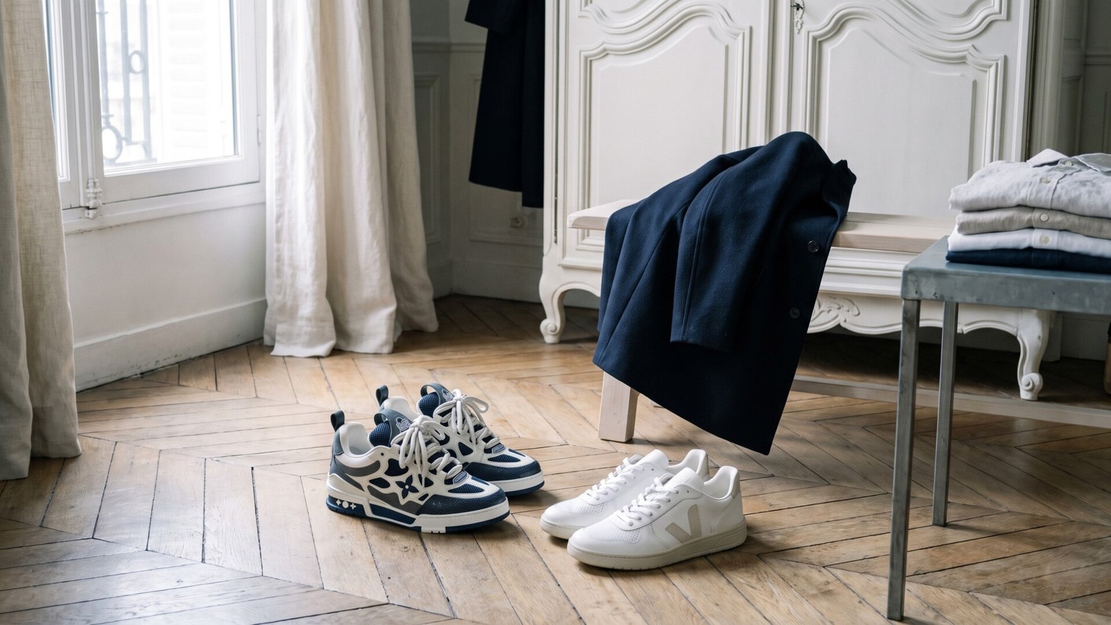Louis Vuitton LV Skate sneakers and white minimalist Veja trainers displayed on a chevron parquet wood floor
