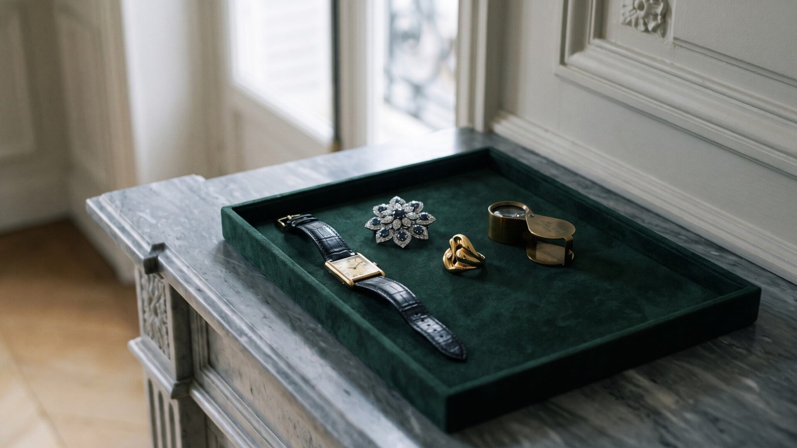 Gold dress watch, sapphire brooch, sculpted gold ring, and jeweler's loupe displayed on a green velvet tray