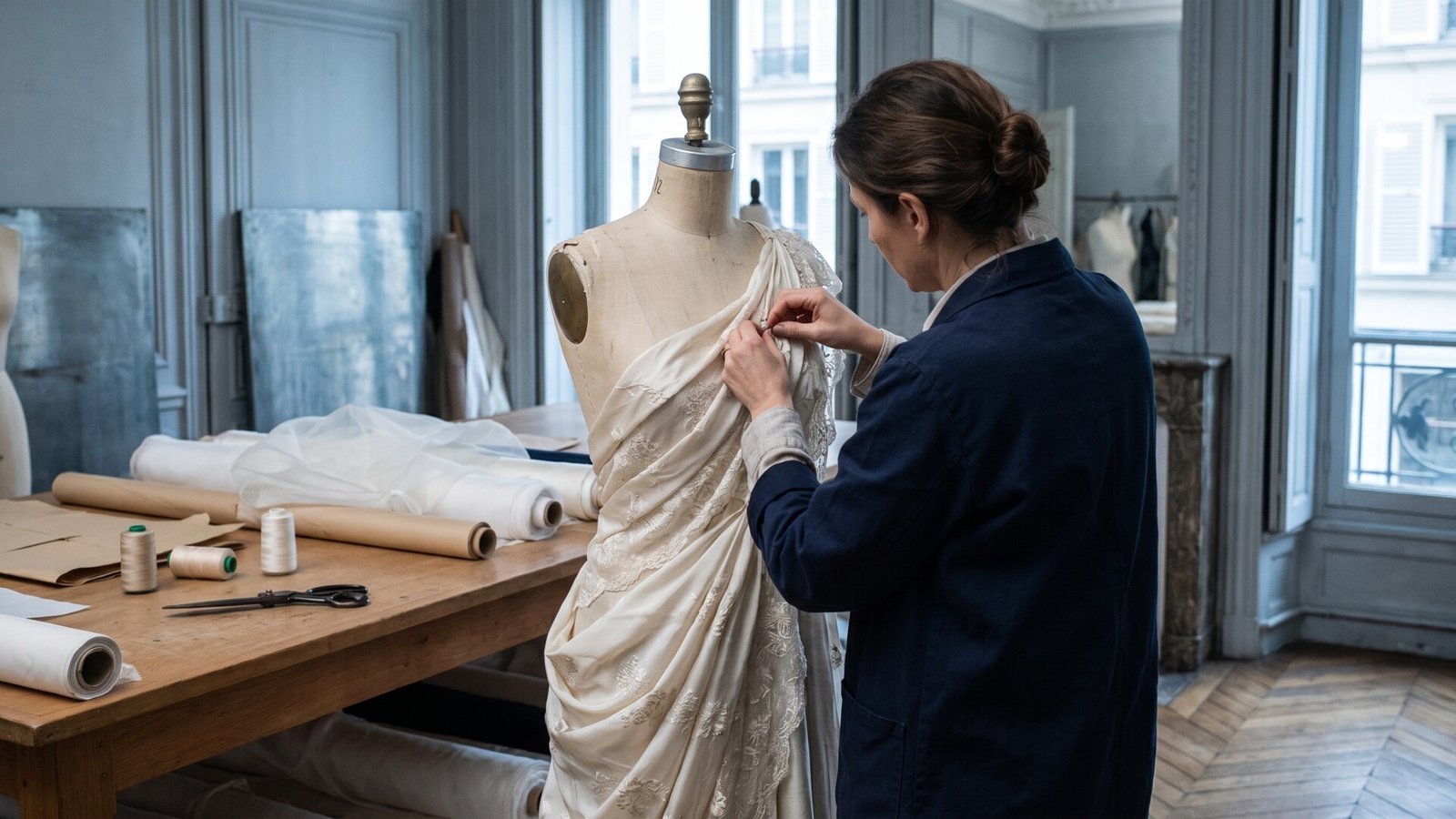 Couturier meticulously draping and pinning ivory fabric onto a dressmaker form in a Parisian atelier