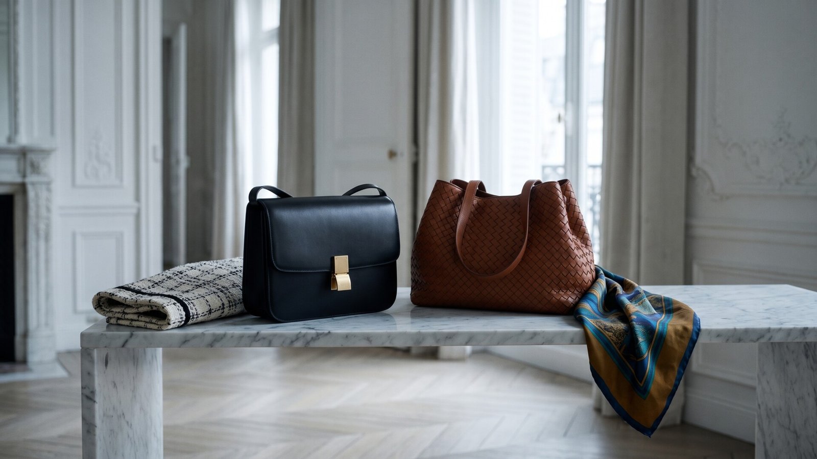 Black structured leather shoulder bag and brown woven leather tote sitting on a marble table in a classic apartment