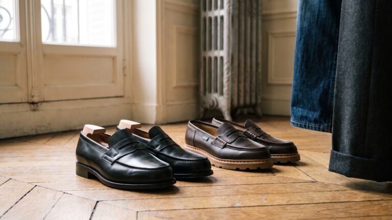 Black dress loafers and brown lug-sole loafers on a chevron wood floor in a Parisian apartment