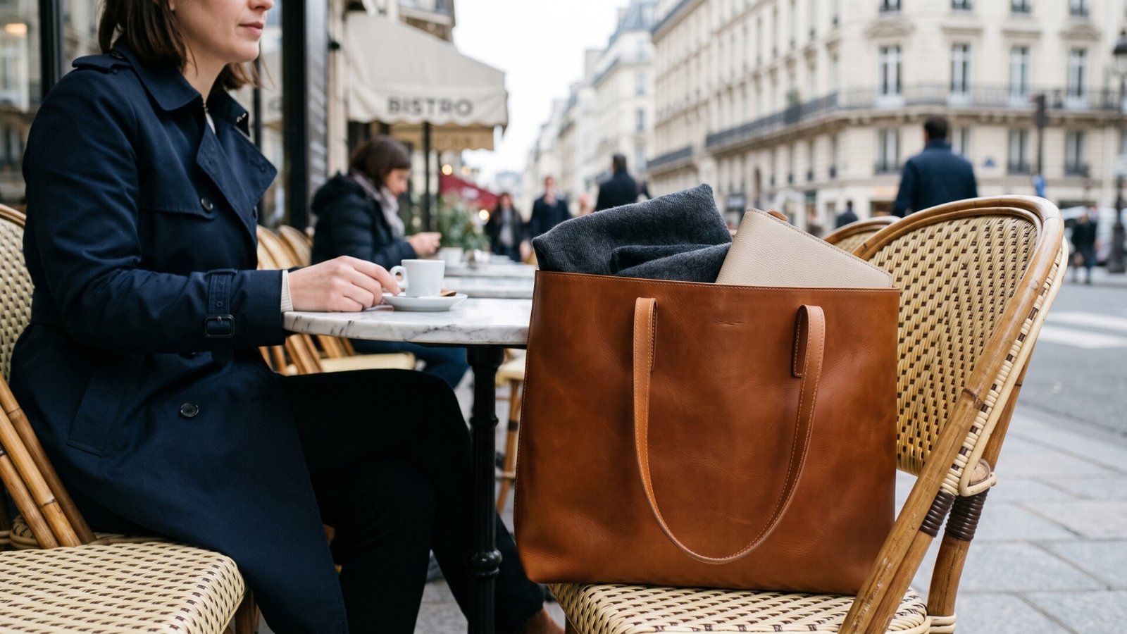 Cognac leather tote bag resting on a woven bistro chair at a Parisian sidewalk café