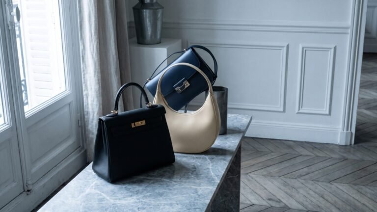 Curated French leather handbags on a marble console in an elegant Parisian apartment with parquet floors