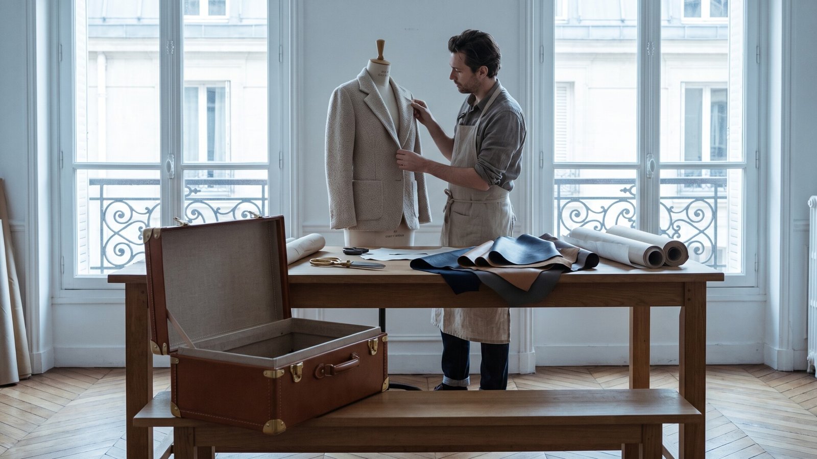 Tailor fitting a tailored jacket on a dress form inside a Parisian atelier beside leather swatches and luggage