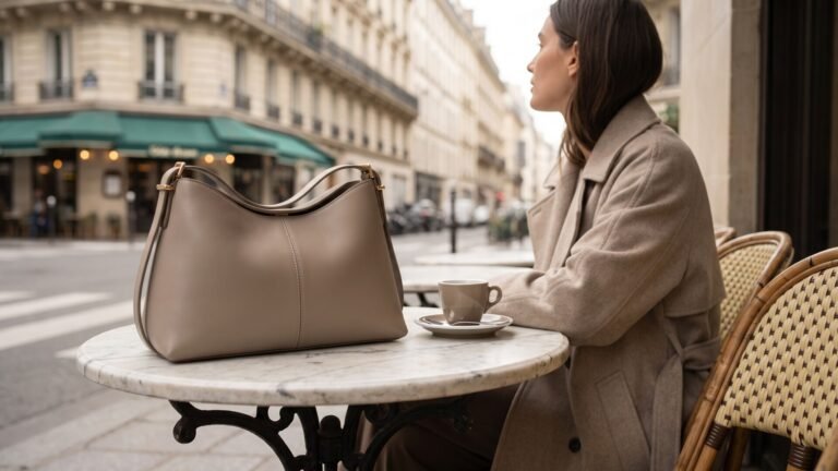Taupe leather handbag sitting on a Parisian bistro marble table next to an espresso cup