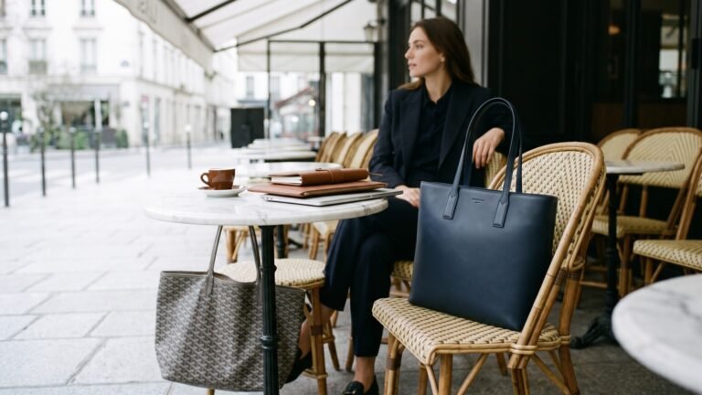 Woman seated at a Parisian cafe terrace with a navy leather tote and patterned designer bag