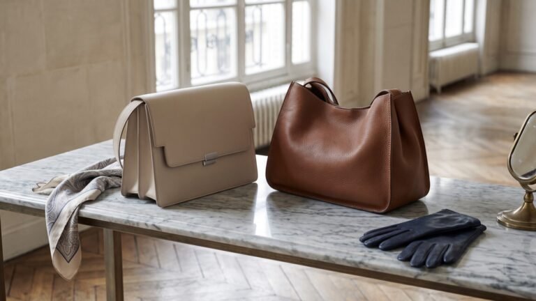 Structured cream French flap bag beside a supple brown Italian leather shoulder bag on a marble table