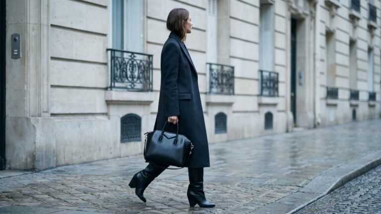 Woman carrying a black Givenchy Antigona handbag and heeled boots along a Parisian sidewalk