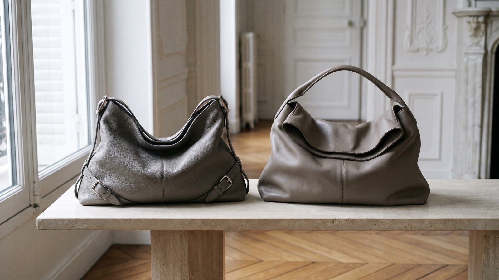 Two slouchy grey and taupe designer leather handbags displayed side by side on a stone console table